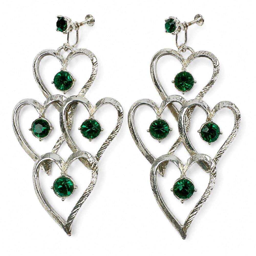 VTG Chandelier Silver Tone Open Heart Screw Back Earring Green Rhinestone Dangle